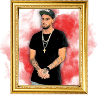 a man with tattoos standing in front of a gold frame